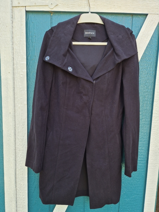 Betabrand Jackets & Blazers - Betabrand Black Hooded Coat Women’s Large Asymmetrical Snap Front Stretch Jacket